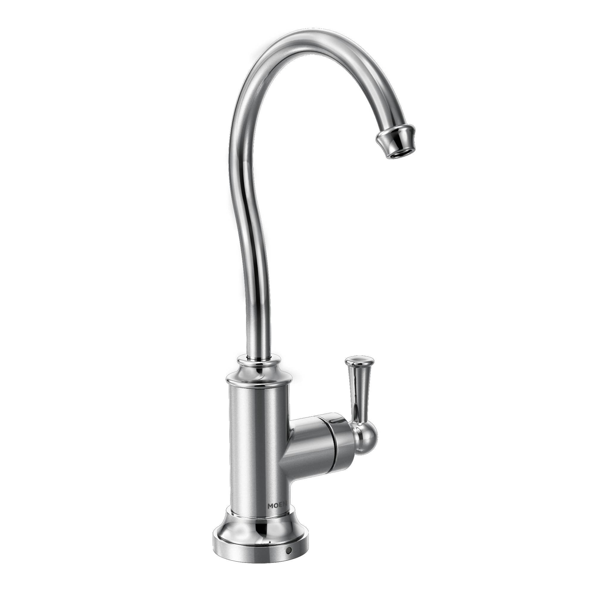 Chrome kitchen faucet with curved spout, single lever handle, and cylindrical base.