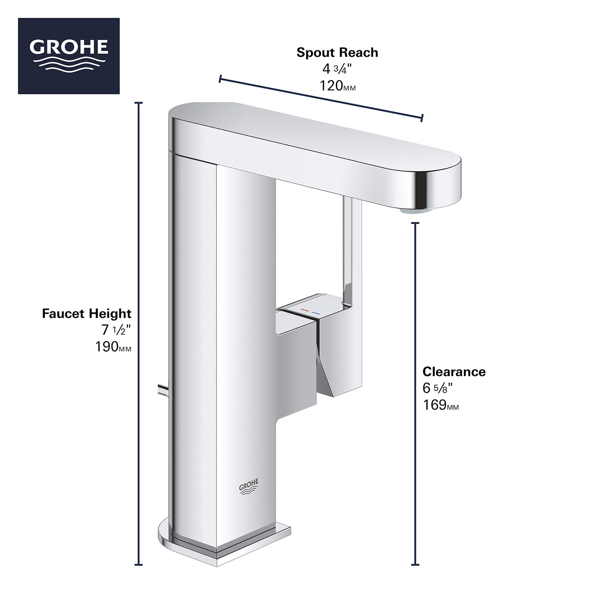 Chrome single-handle bathroom faucet with tall rectangular body, curved spout, and dimensions labeled for height, reach, and 