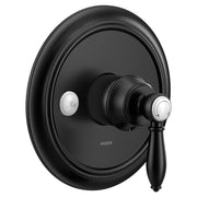 Moen Weymouth single-handle valve trim kit with matte black finish and chrome accents on circular escutcheon plate.