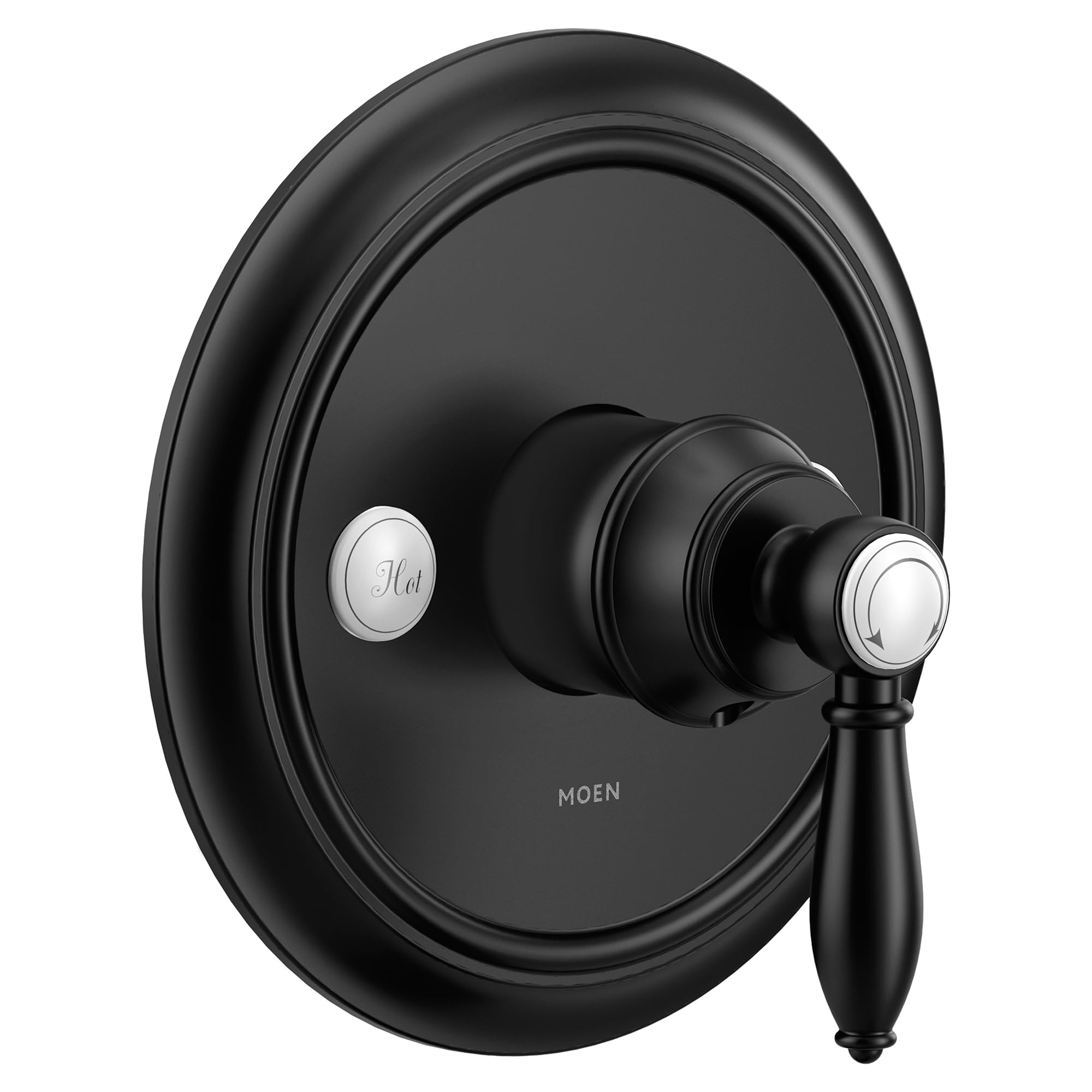 Moen Weymouth single-handle valve trim kit with matte black finish and chrome accents on circular escutcheon plate.
