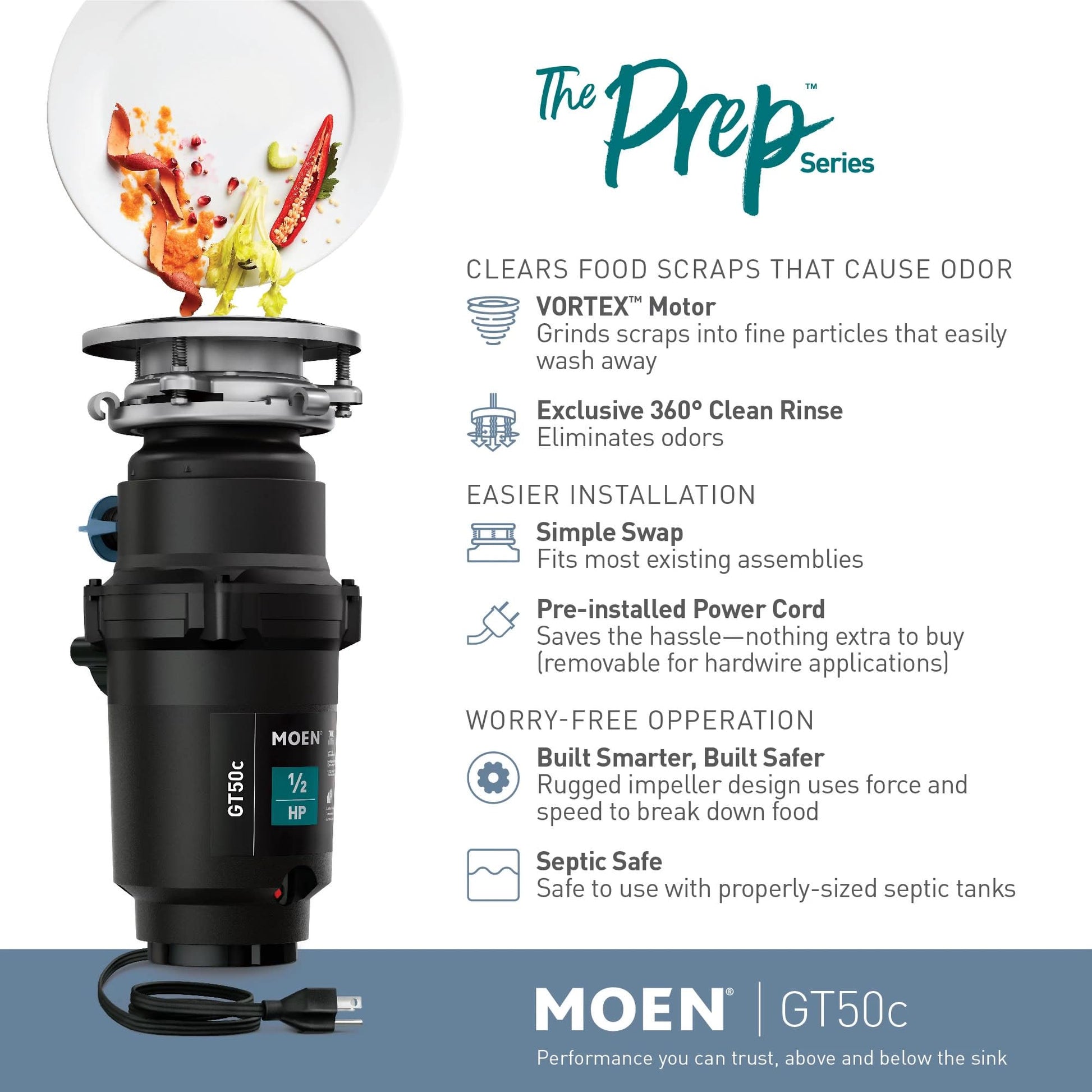 Moen GT50C garbage disposal unit with black cylindrical body, pre-installed power cord, and food waste shown grinding above t