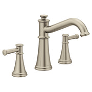 Brushed nickel two-handle roman tub faucet with curved spout and cylindrical handles.