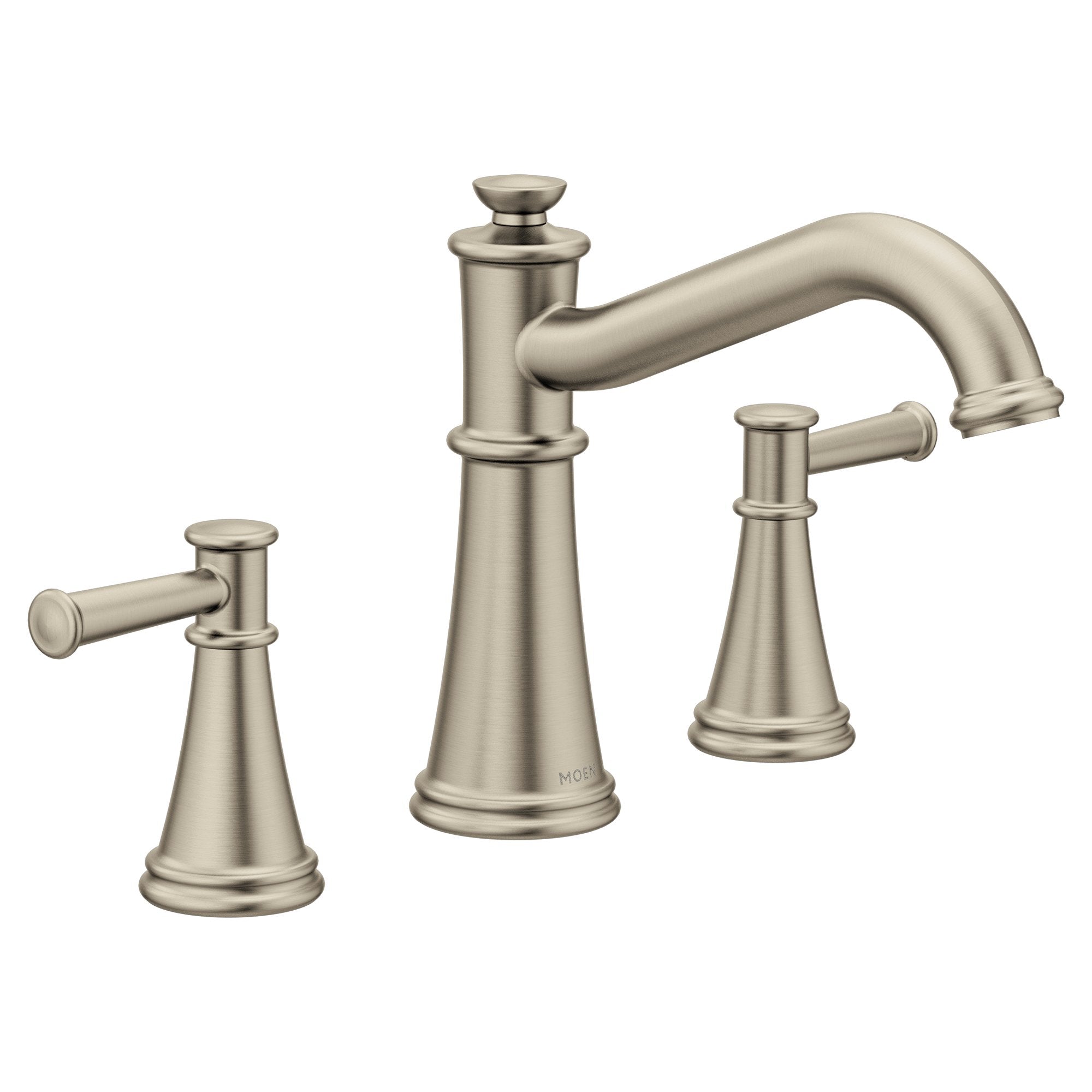 Brushed nickel two-handle roman tub faucet with curved spout and cylindrical handles.