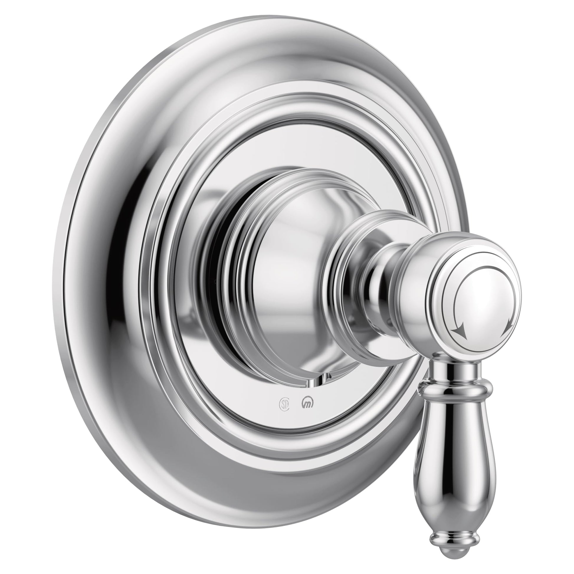Chrome shower valve trim kit with single lever handle and circular escutcheon plate.