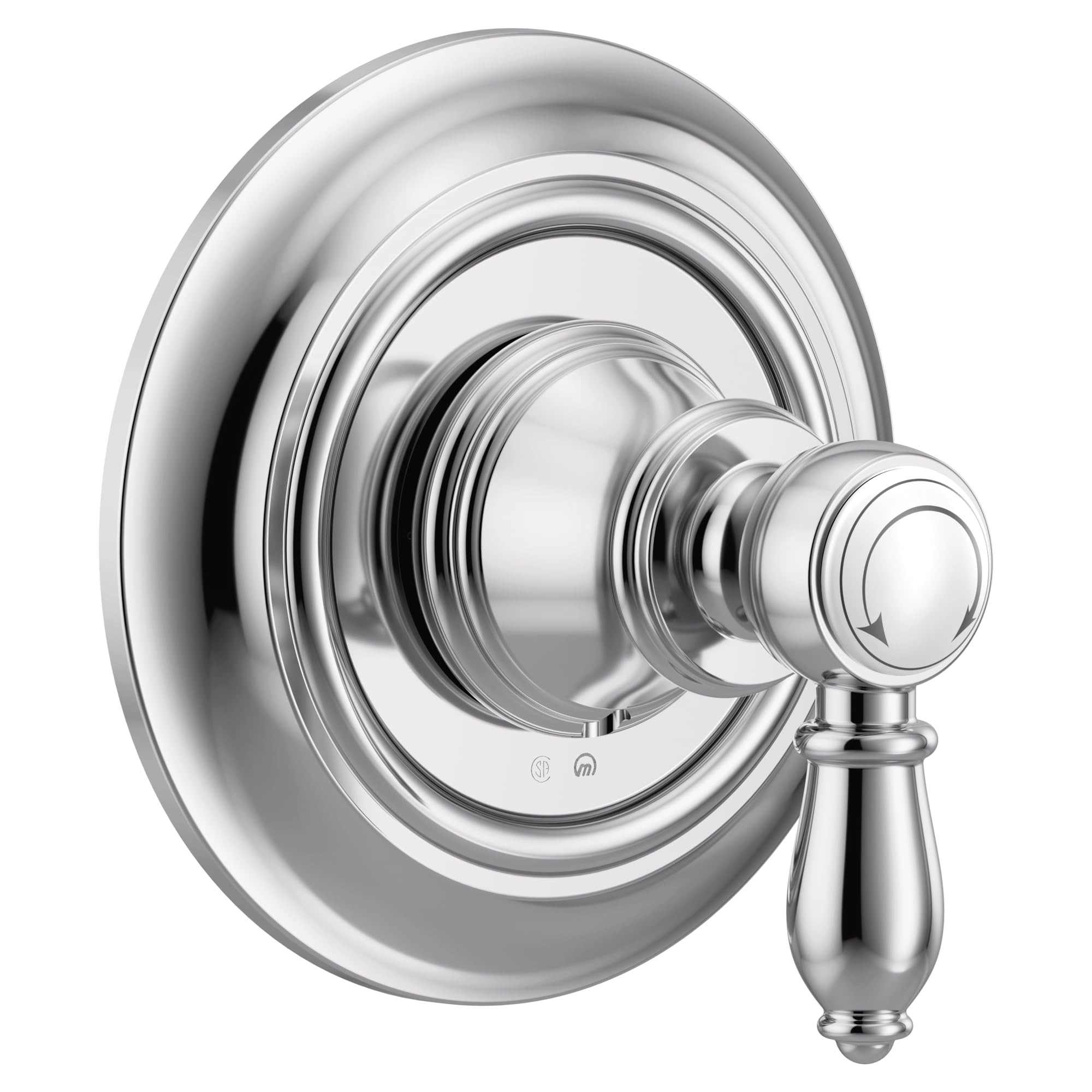 Chrome shower valve trim kit with single lever handle and circular escutcheon plate.