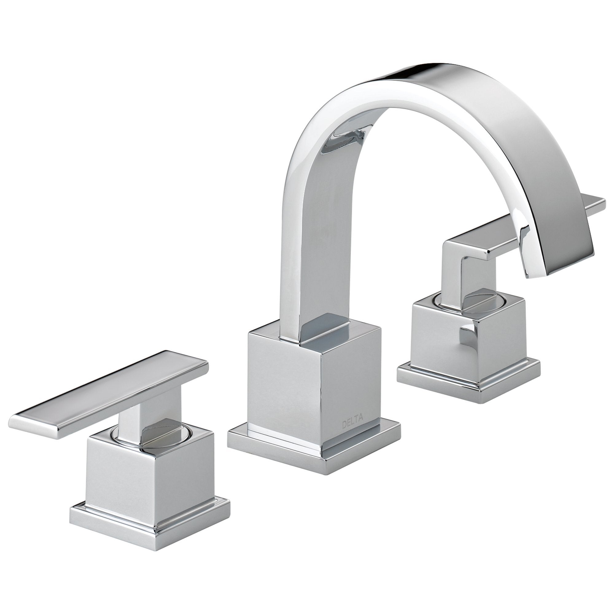 Chrome bathroom faucet with curved spout and two separate square-based handles on either side.