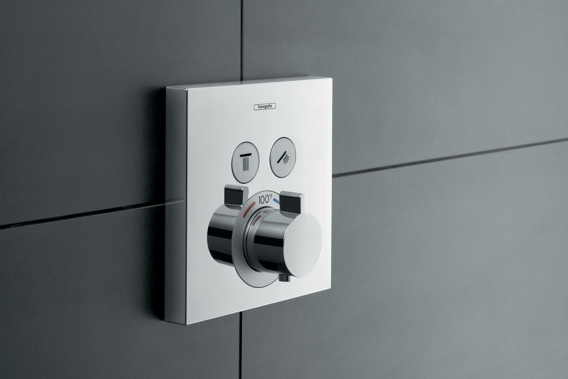 Square white and brushed nickel thermostatic shower valve trim with two function buttons and central temperature dial mounted