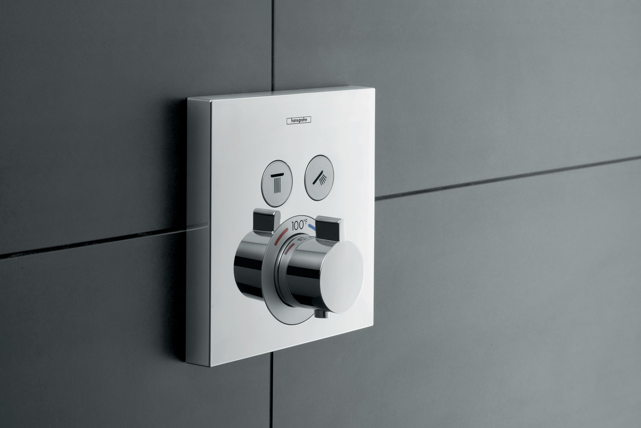 Square white and brushed nickel thermostatic shower valve trim with two function buttons and central temperature dial mounted
