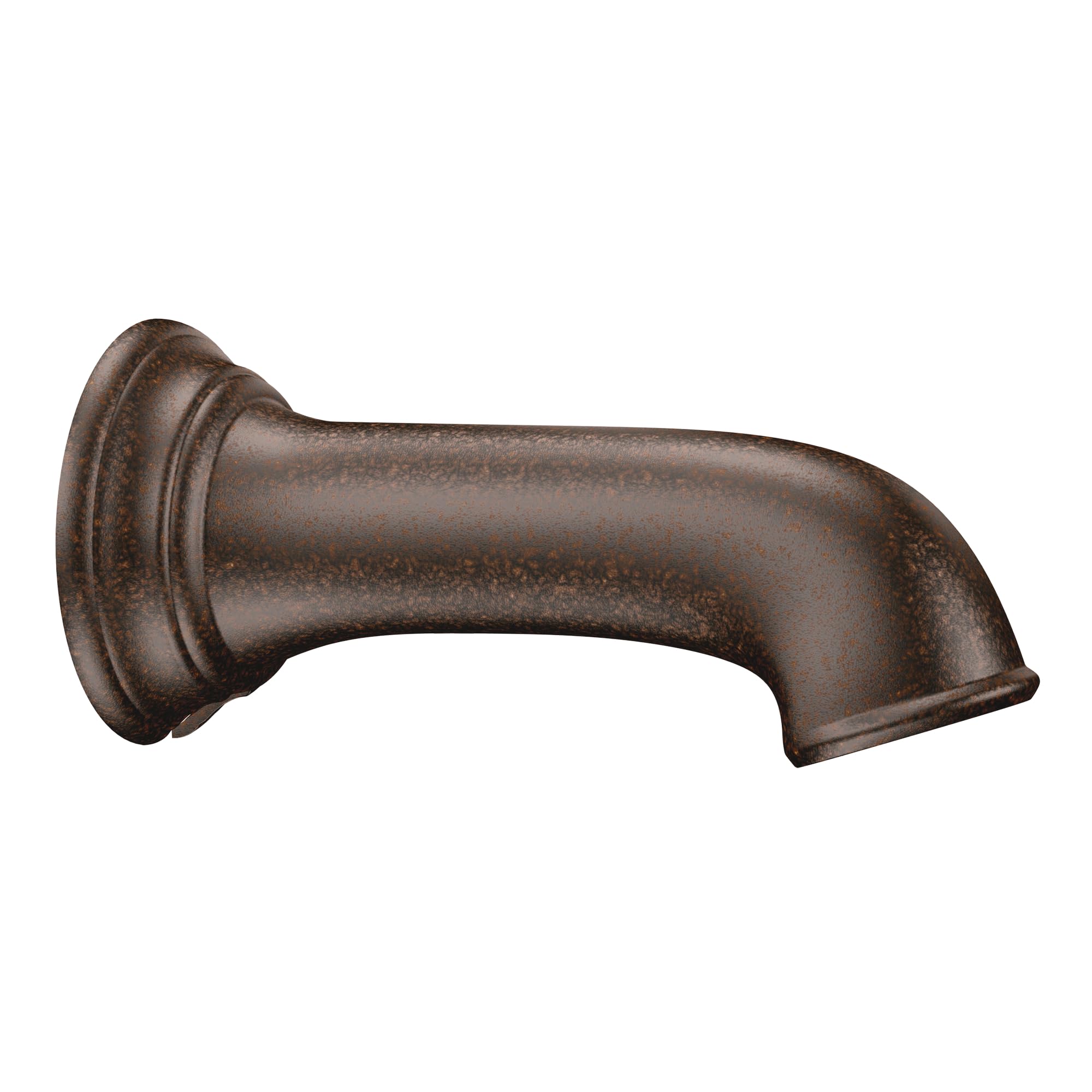 Oil rubbed bronze curved faucet spout with decorative collar and angled outlet.