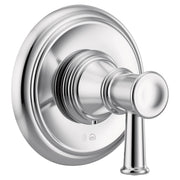 Chrome shower valve trim with single lever handle and round escutcheon plate.