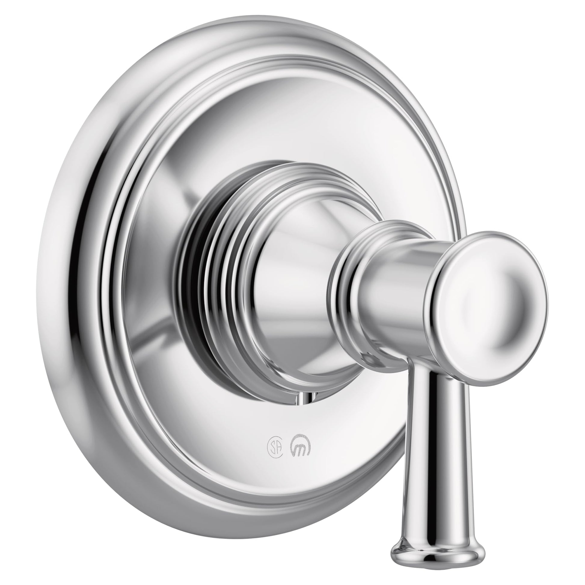 Chrome shower valve trim with single lever handle and round escutcheon plate.