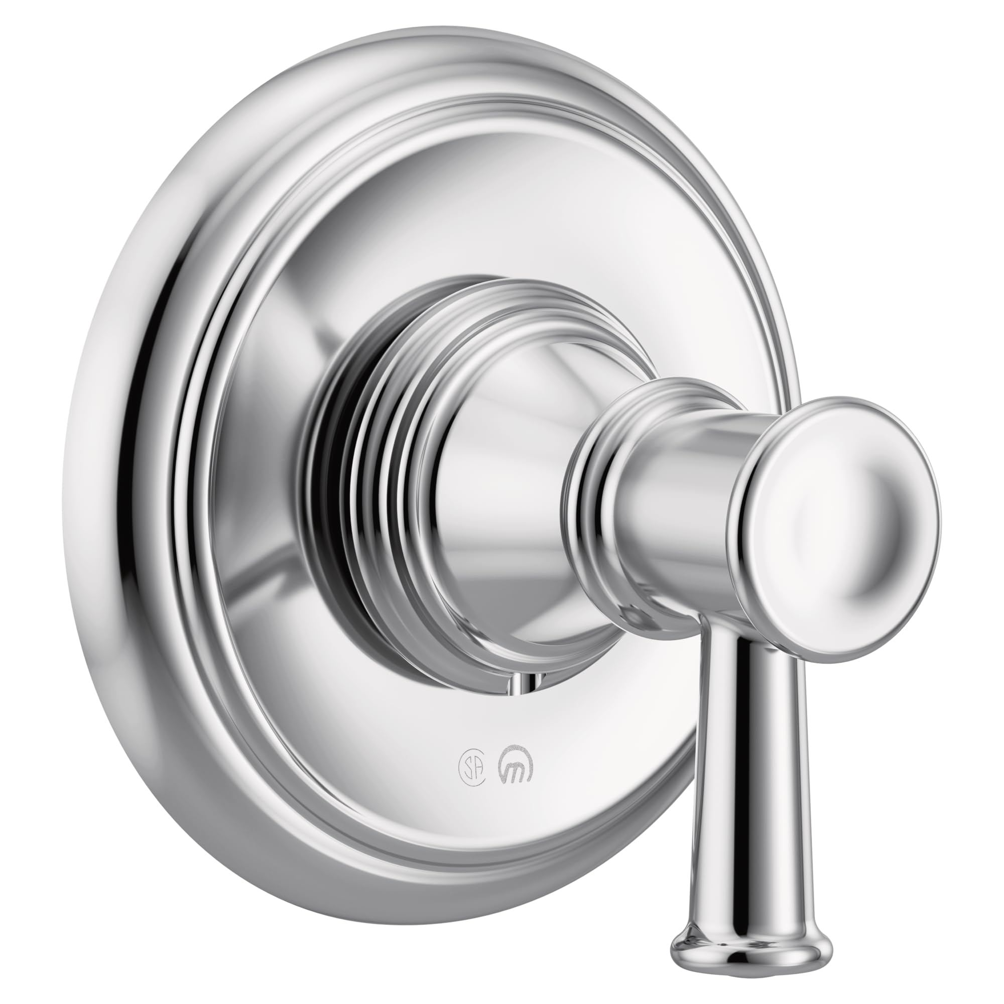Chrome shower valve trim with single lever handle and round escutcheon plate.