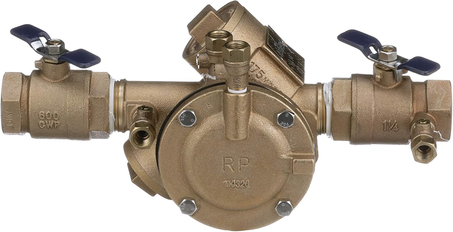Bronze reduced pressure zone backflow preventer with 1-1/4 inch ball valves and relief assembly, front view.