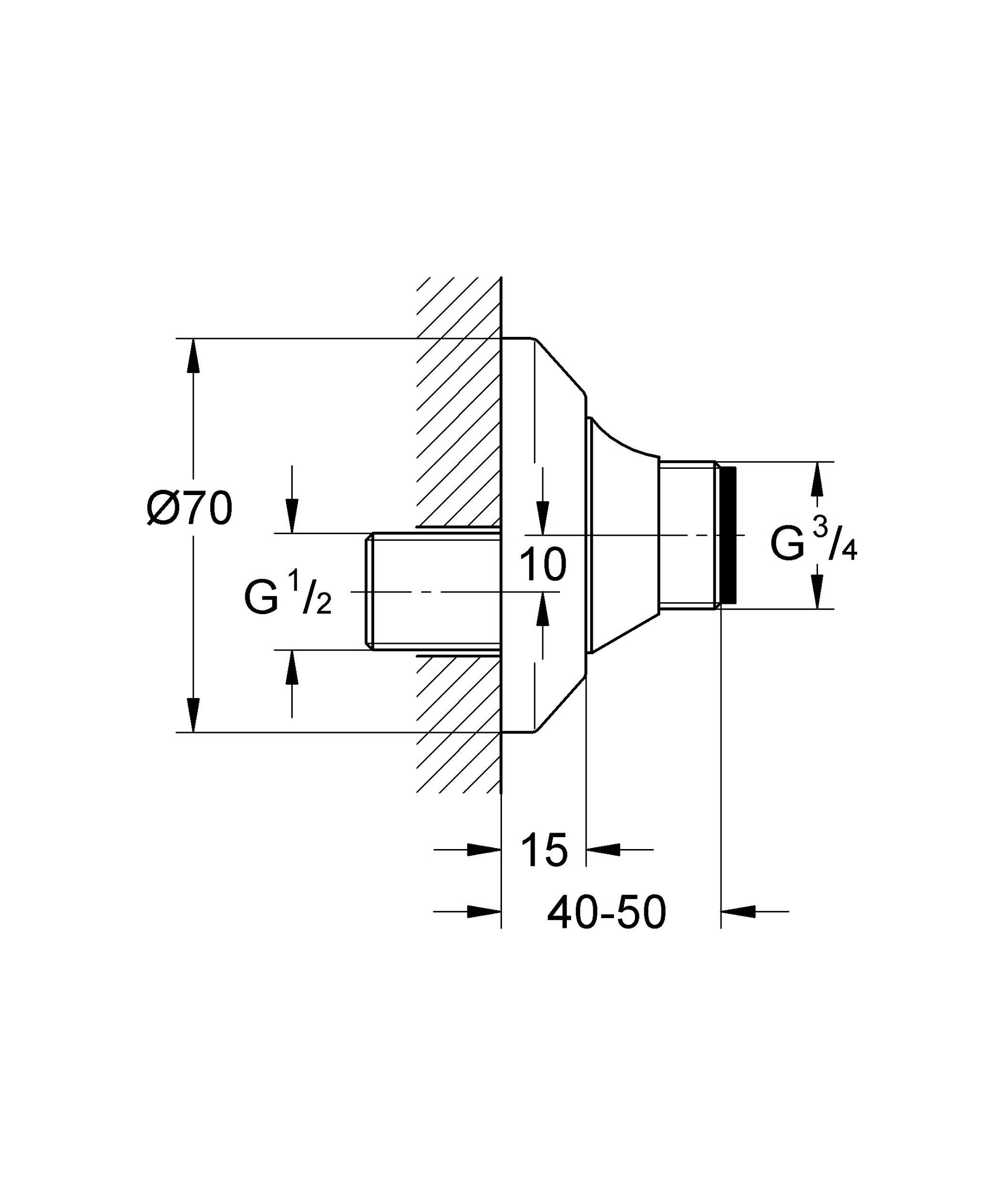 Technical schematic of a chrome service stop valve with G1/2 and G3/4 threaded connections and dimensional specifications.