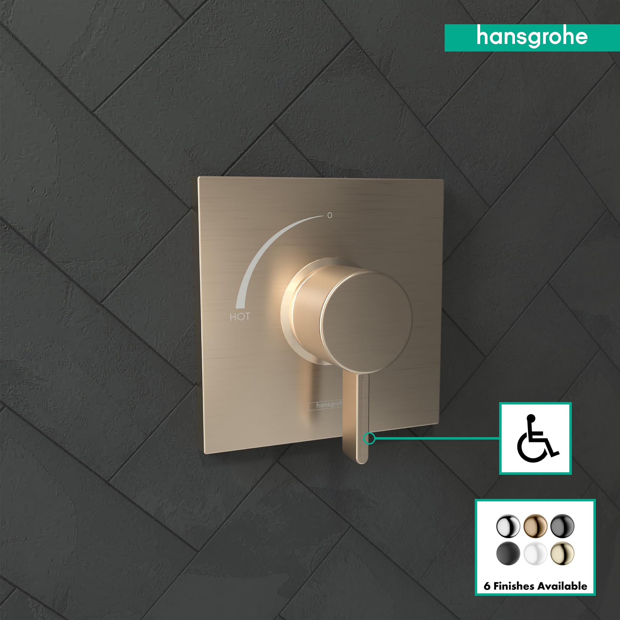 Brushed bronze square pressure balance shower trim with round handle and hot water marking on tile wall.