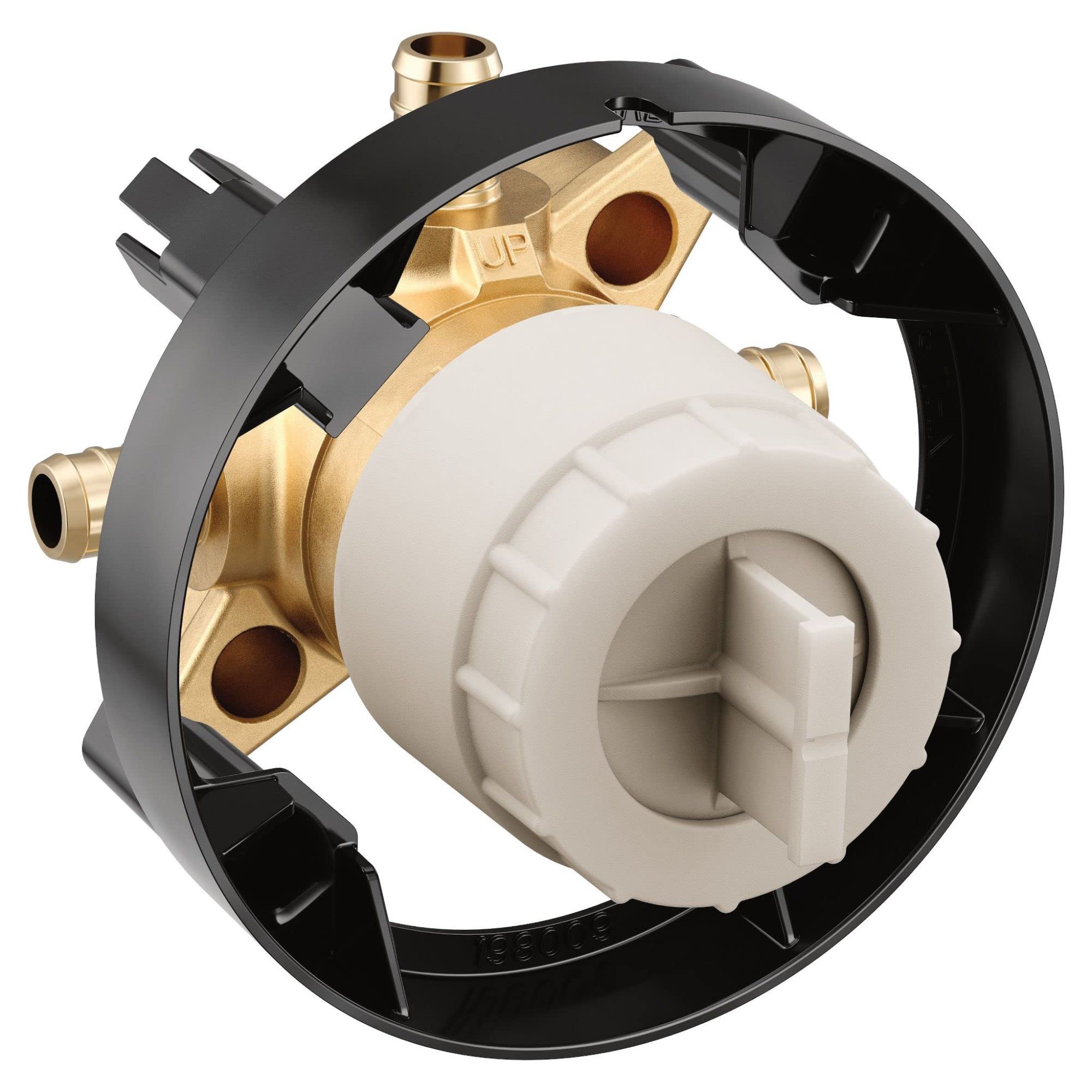 Moen M CORE 3-port shower valve with brass body, white ceramic cartridge, and PEX crimp ring connections.