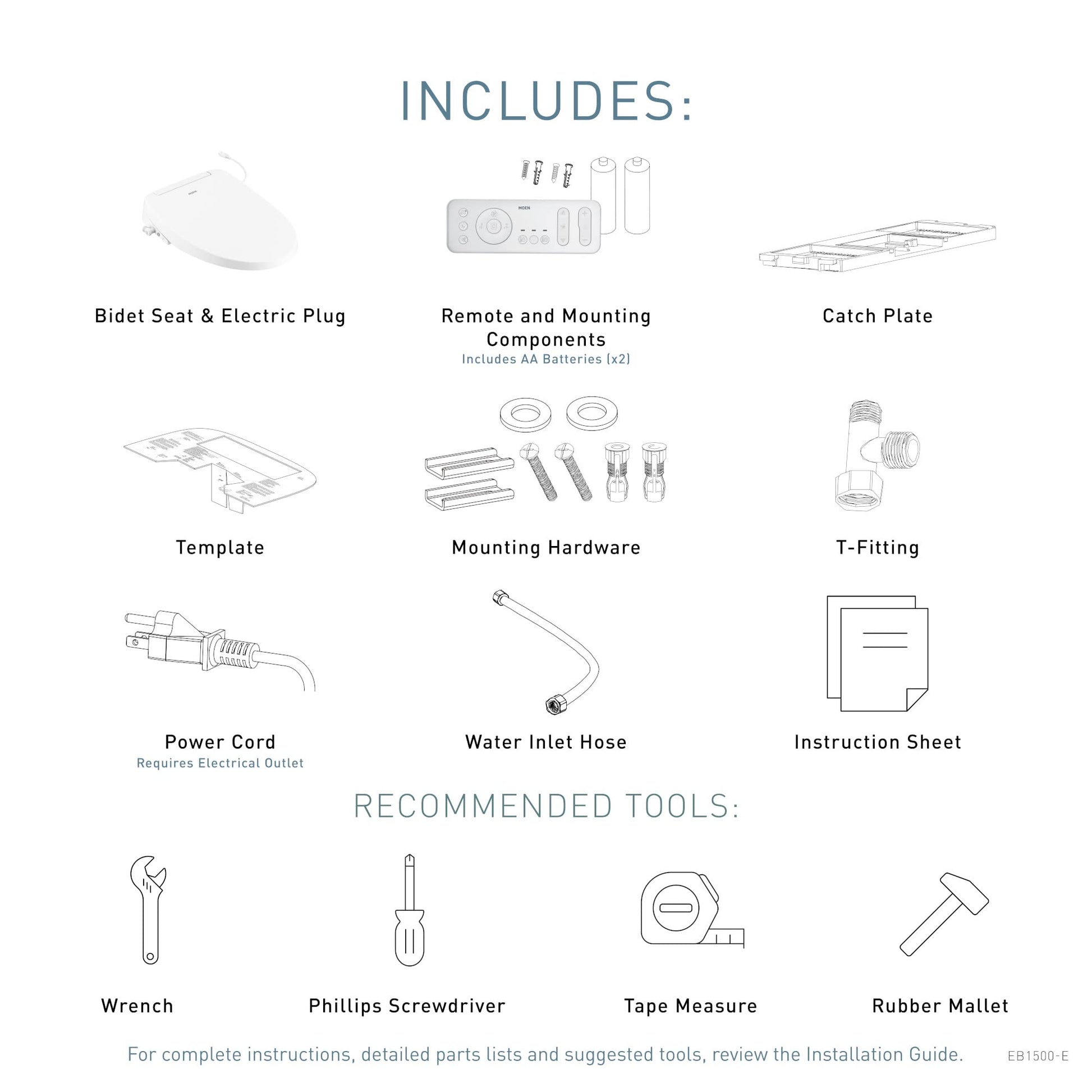 White electronic bidet toilet seat with remote control, heated seat, and self-cleaning nozzle shown with included accessories