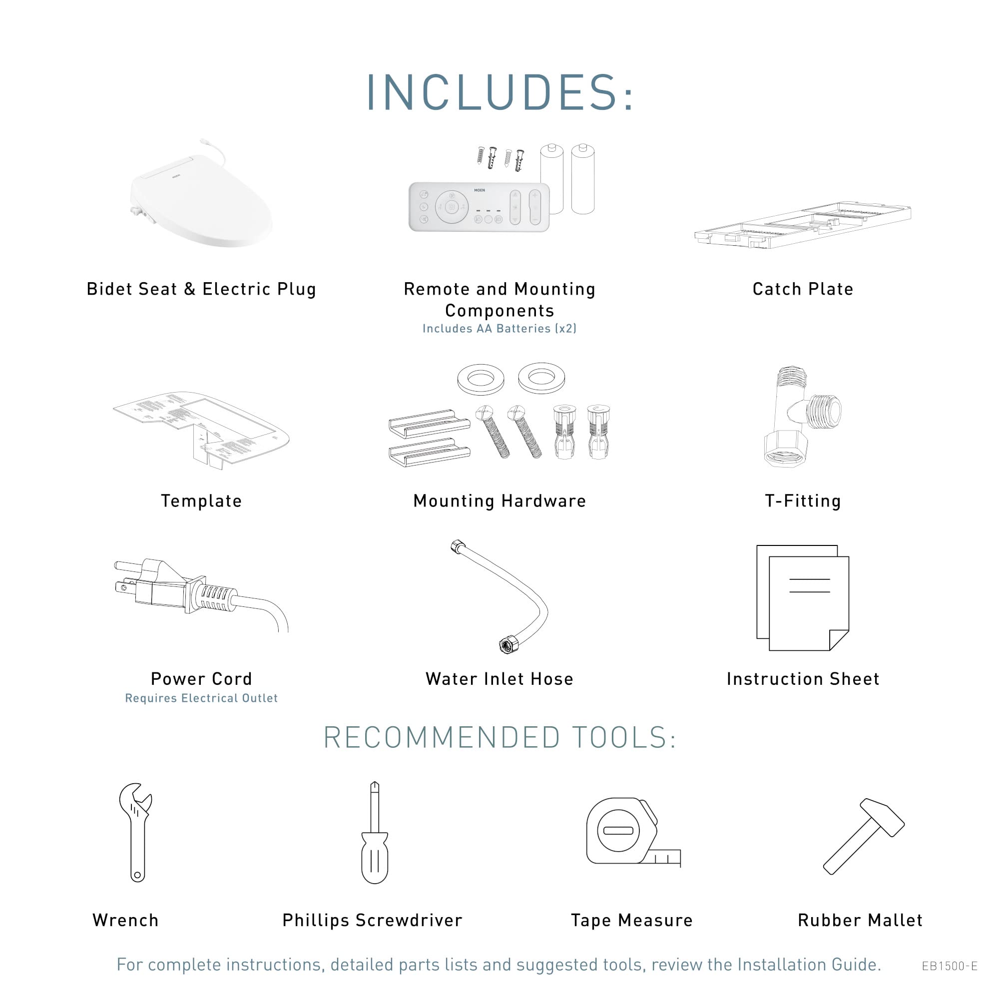 White electronic bidet toilet seat with remote control, heated seat, and self-cleaning nozzle shown with included accessories