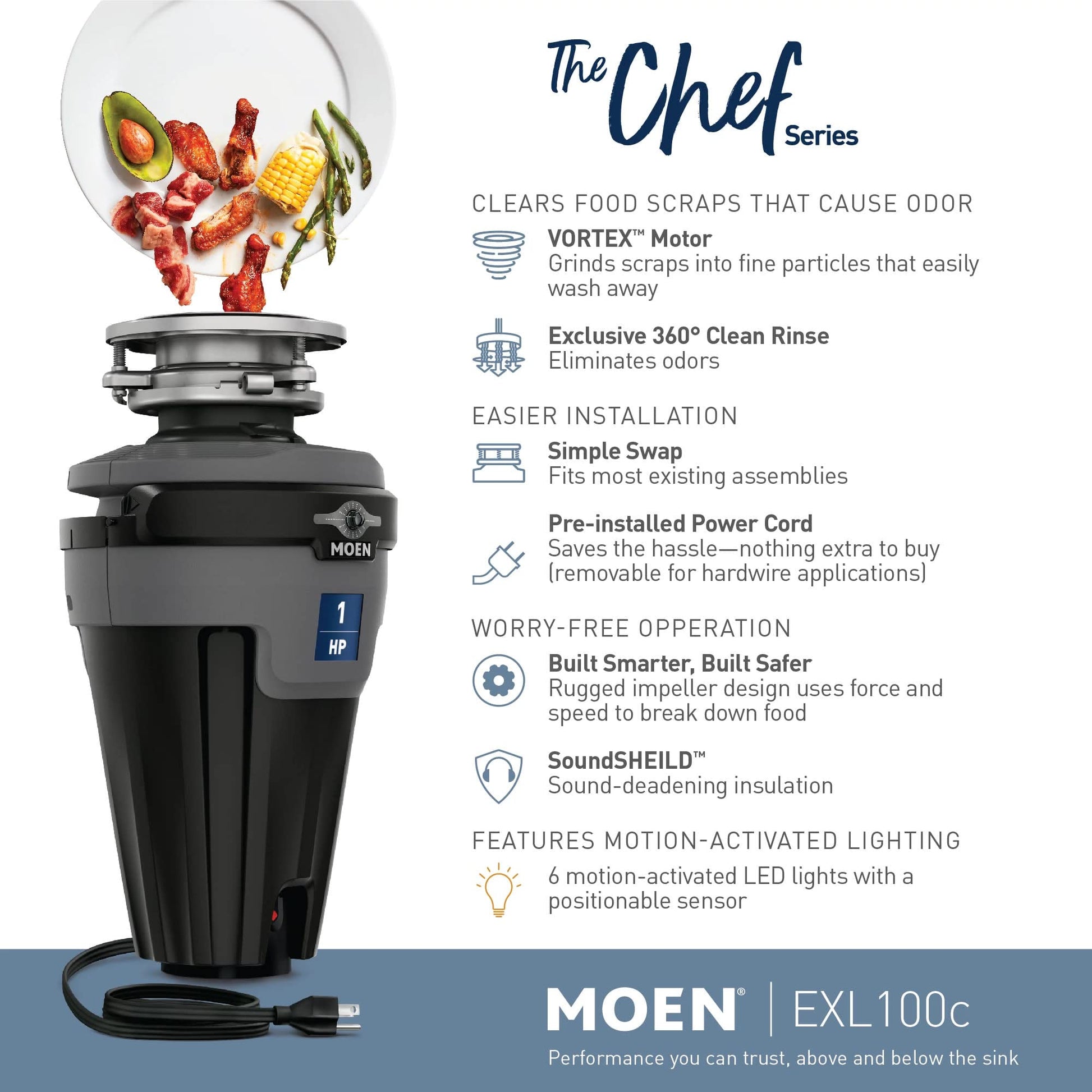 Black Moen garbage disposal unit with 1 HP motor, stainless steel components, and motion-activated LED light strip.