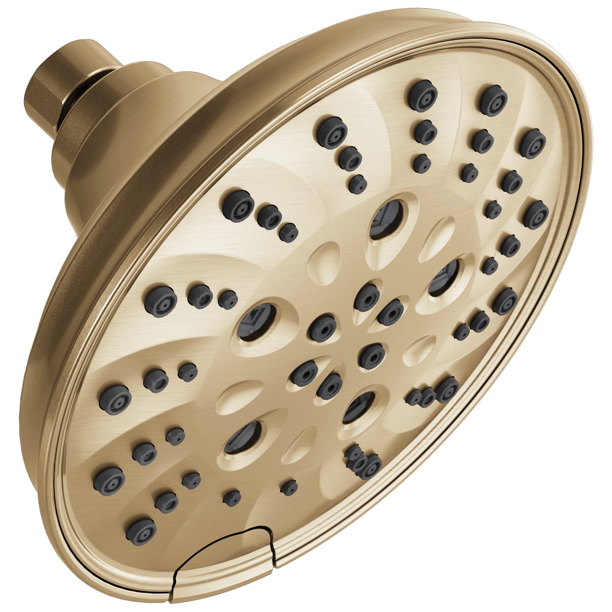 Champagne bronze raincan shower head with multiple spray jets and adjustable nozzles for water settings.