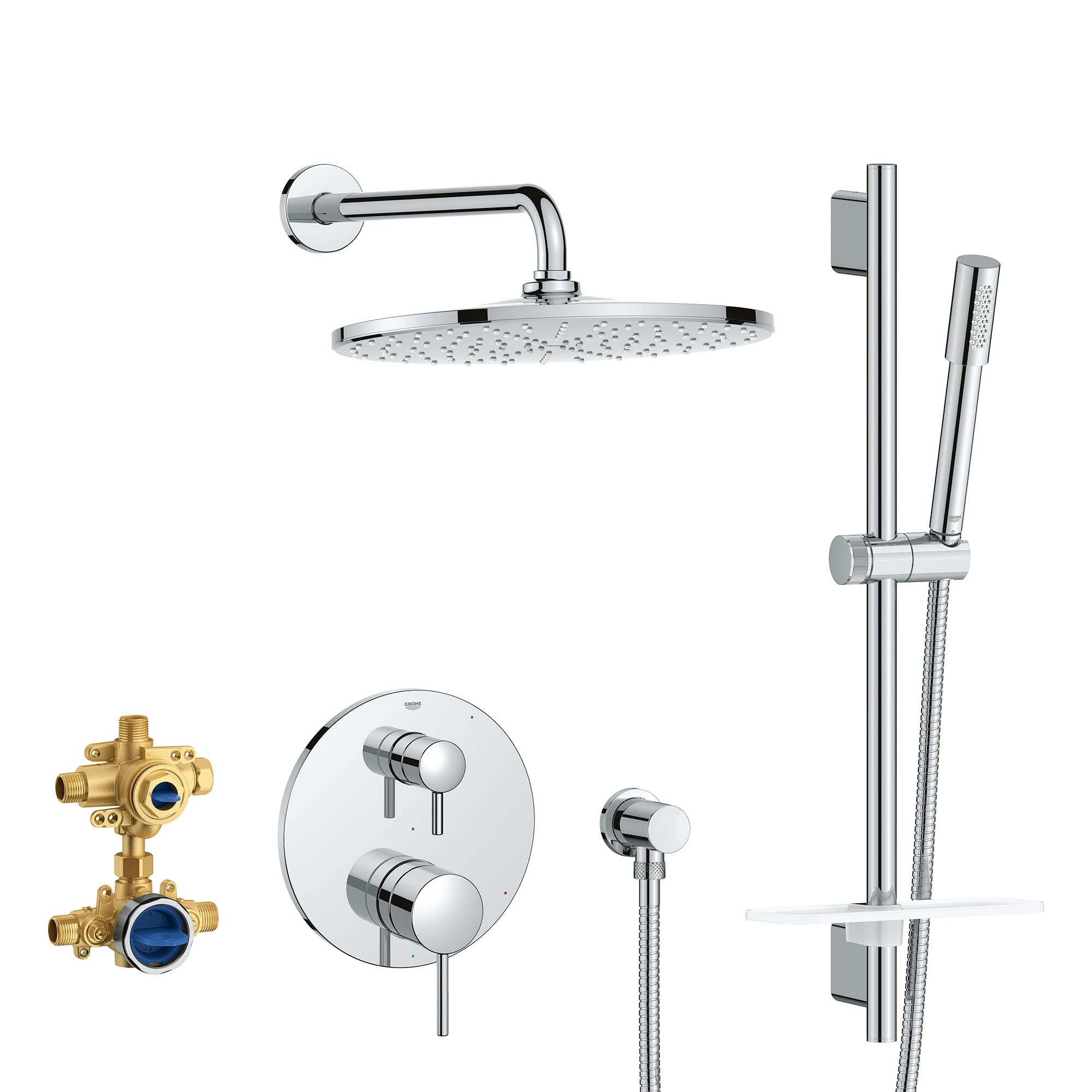 Chrome pressure balance rain shower set with wall-mounted round showerhead, handheld spray, vertical rail, valve trim, and br