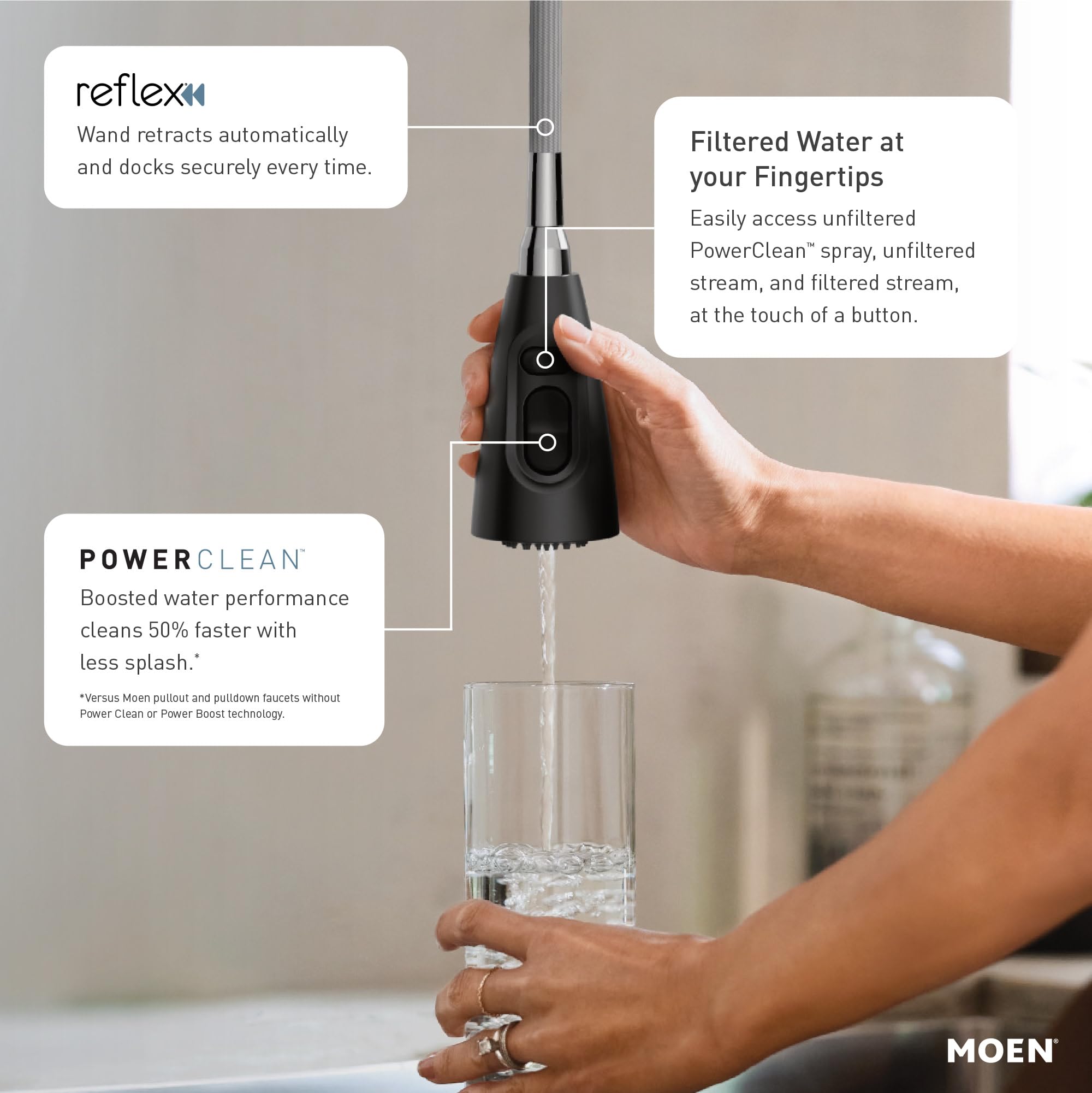 Matte black pull-down kitchen faucet with retracting wand dispensing filtered water into a glass.