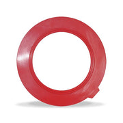 Red plastic ring with hollow center and small protrusion, component of toilet fill valve replacement kit.