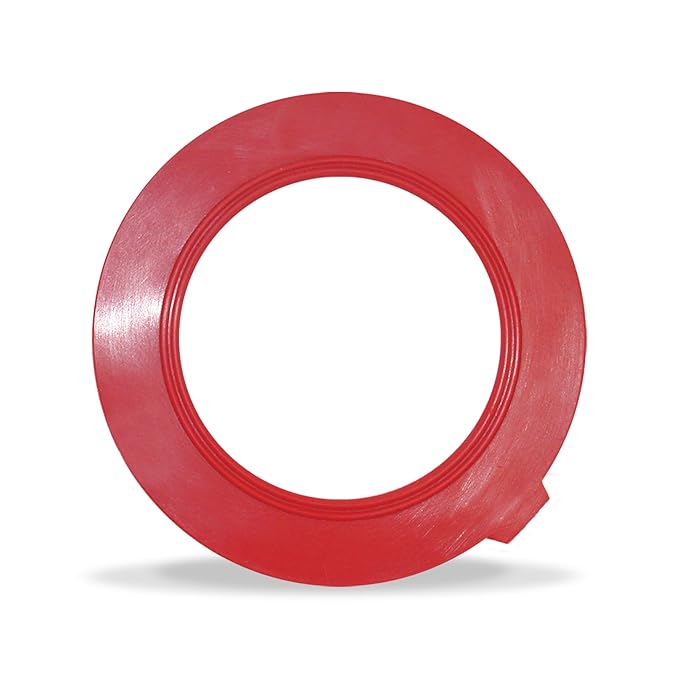 Red plastic ring with hollow center and small protrusion, component of toilet fill valve replacement kit.