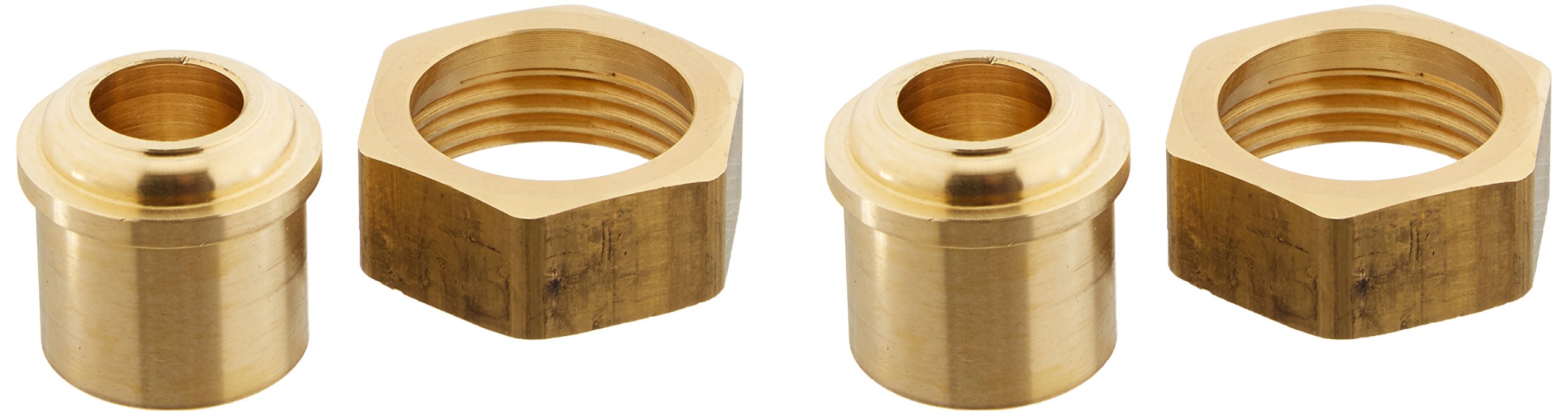 Two brass cylindrical tailpieces and two hexagonal coupling nuts for plumbing connections.