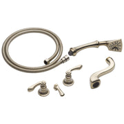 Brushed nickel tub filler trim kit with two handles, curved spout, handheld showerhead, and flexible hose.