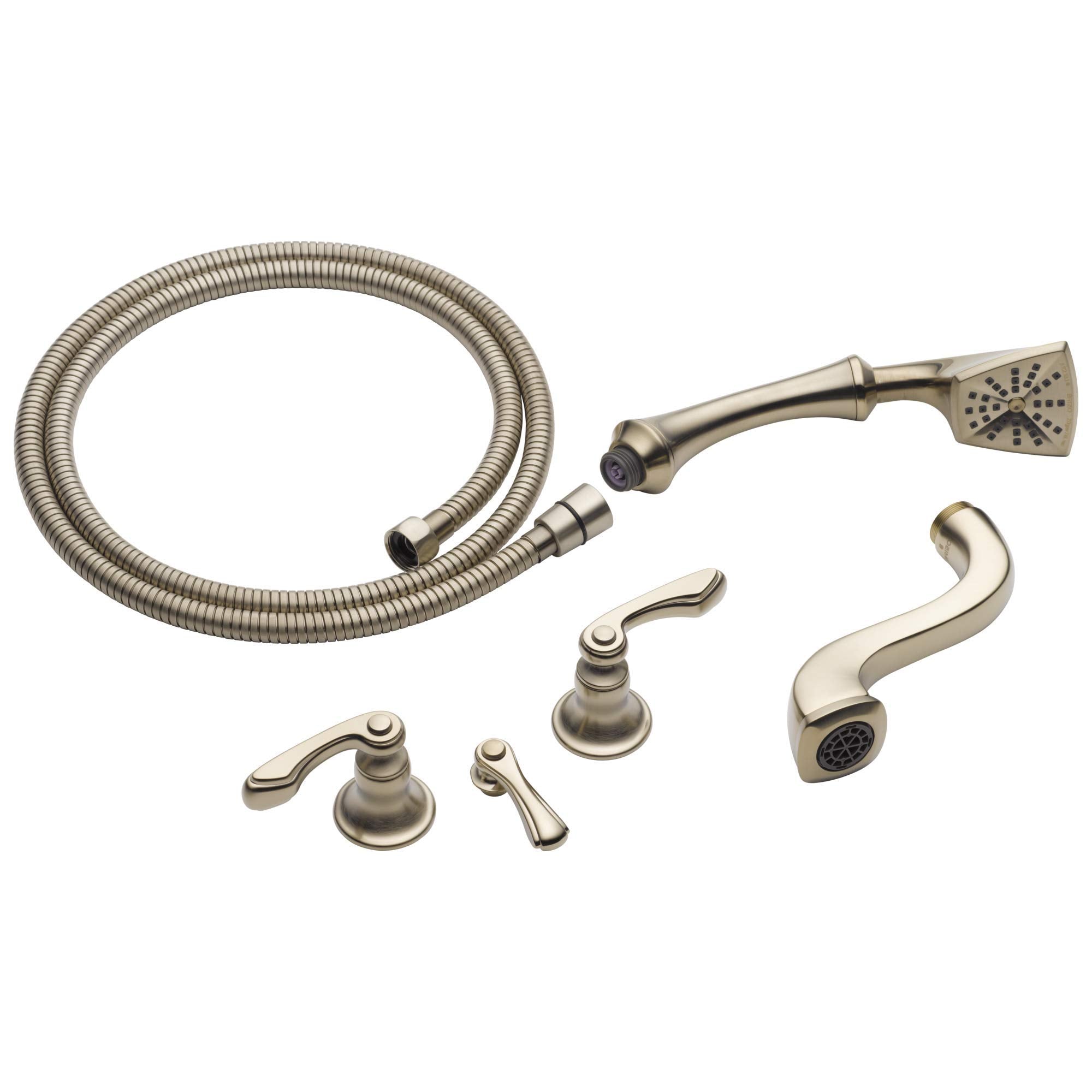Brushed nickel tub filler trim kit with two handles, curved spout, handheld showerhead, and flexible hose.