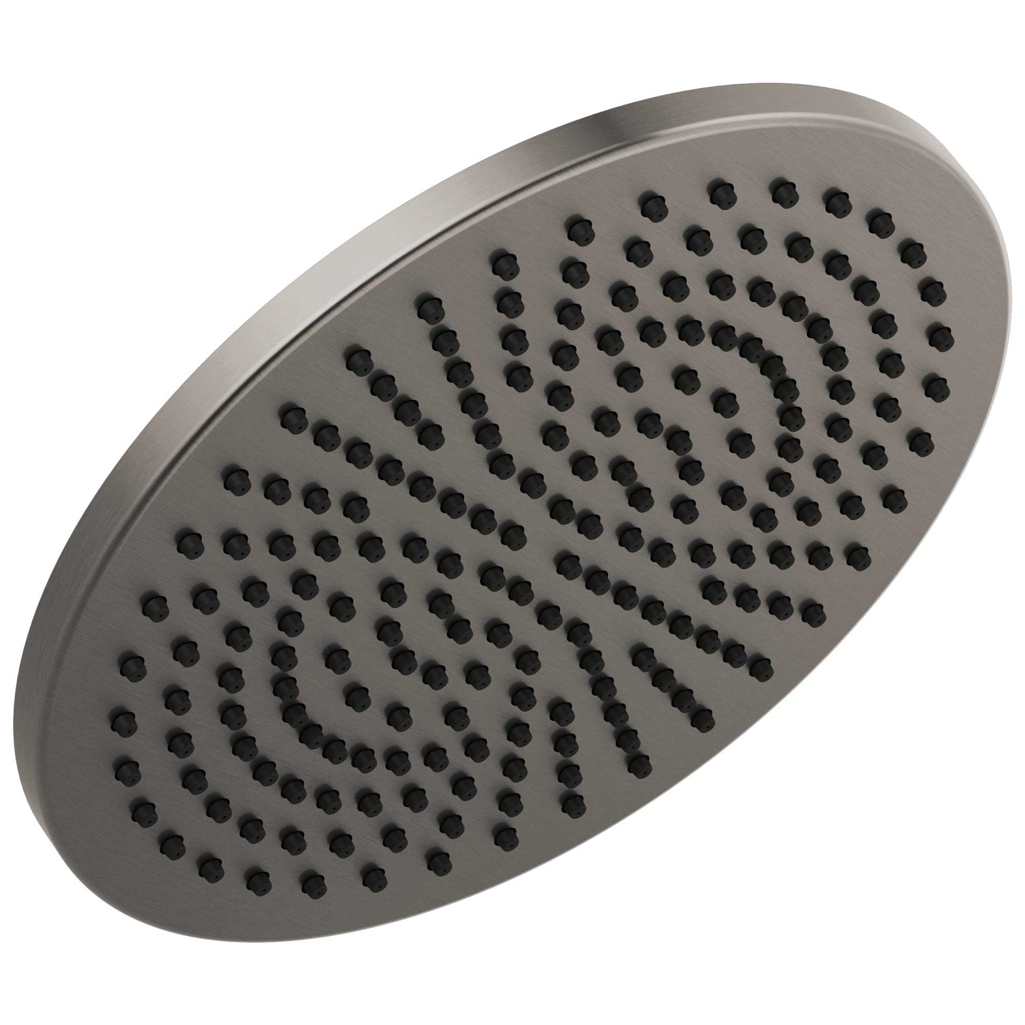 Brushed metal raincan shower head with multiple spray holes arranged in concentric circular pattern.