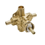 Brass pressure balancing shower valve with PEX crimp ring connections and mounting holes.