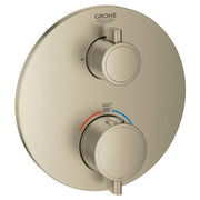 Brushed nickel thermostatic valve trim with two circular handles and temperature scale marking 38°C on oval faceplate.