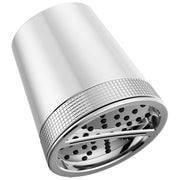 Cylindrical chrome shower head with textured band and multi-hole spray face with adjustable selector lever.