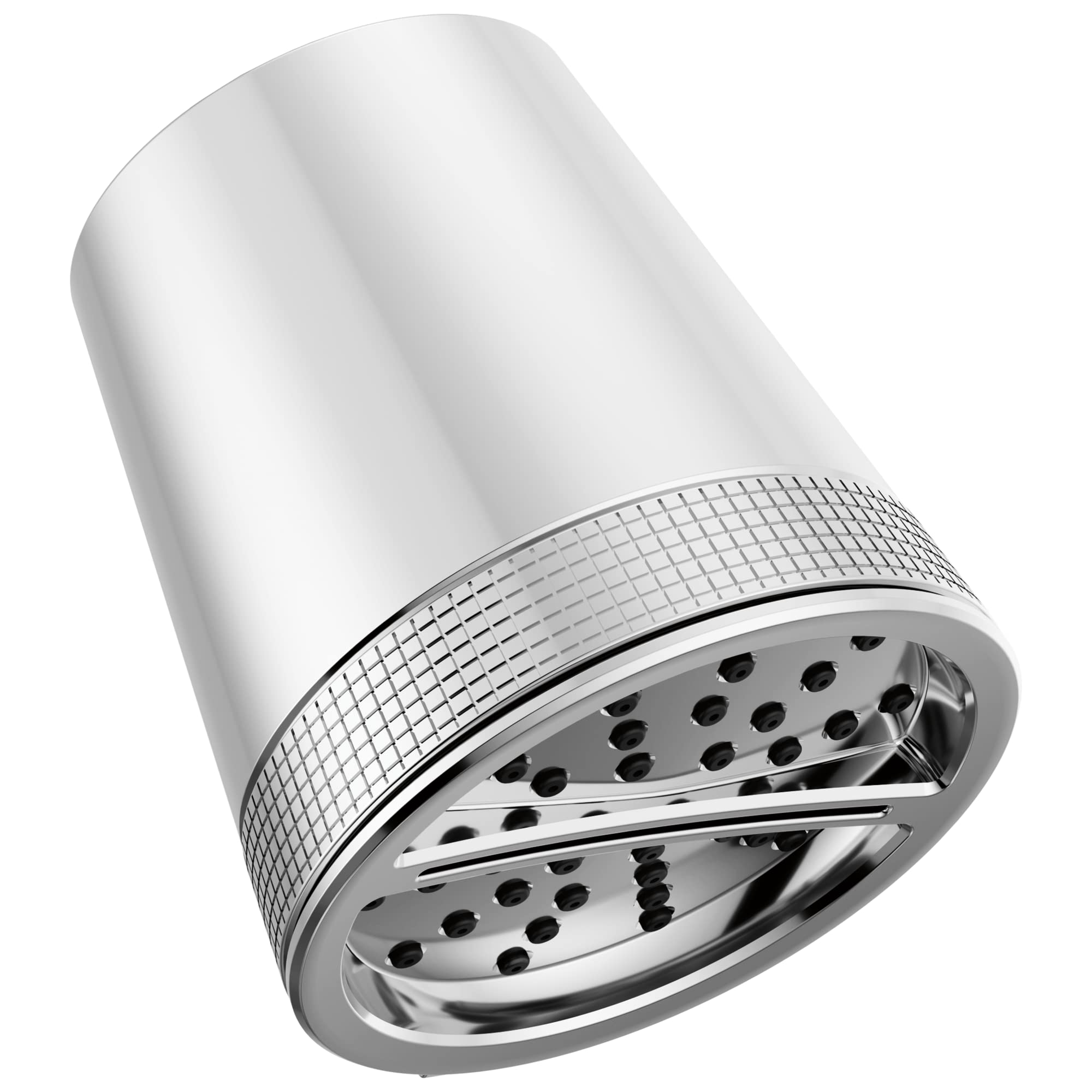 Cylindrical chrome shower head with textured band and multi-hole spray face with adjustable selector lever.