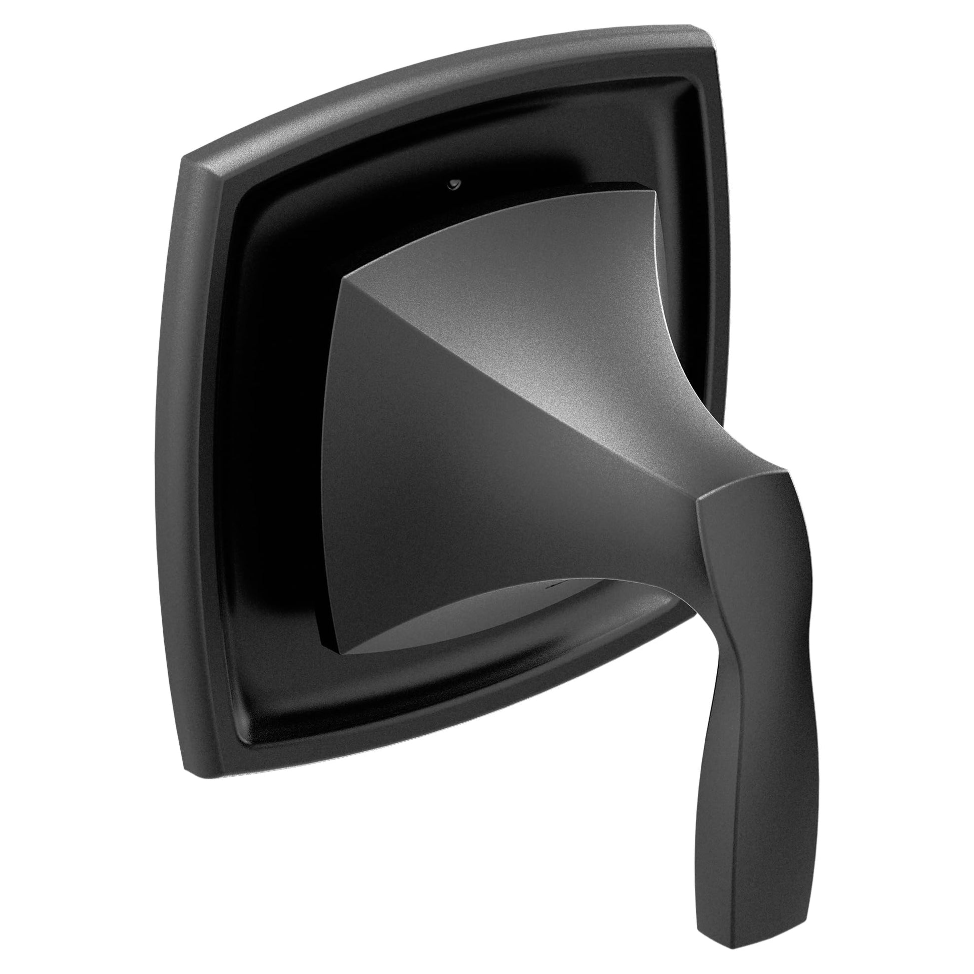 Matte black shower diverter valve trim with curved square escutcheon plate and lever handle.