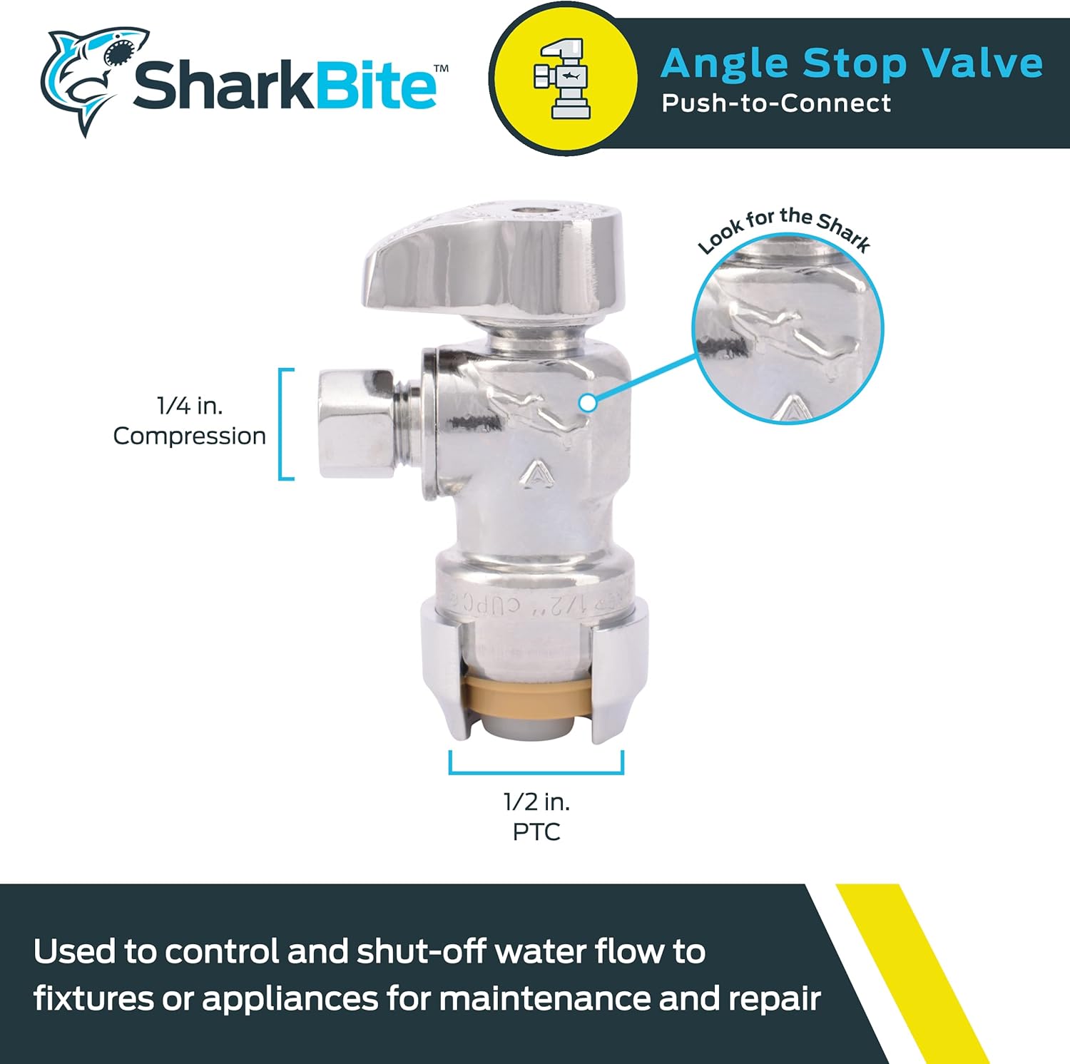 Brass compression angle stop valve with quarter-turn handle, 1/2 inch push-to-connect inlet and 1/4 inch compression outlet.