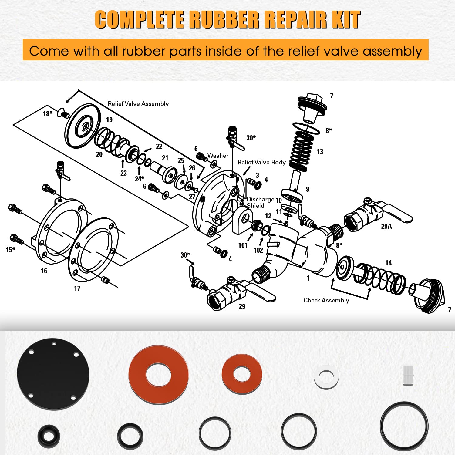 Silicone rubber repair kit containing black and red rubber components and metal washers for relief valve assembly.