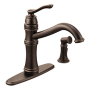 Oil rubbed bronze kitchen faucet with high arc spout, single handle, side spray, and oval base plate.