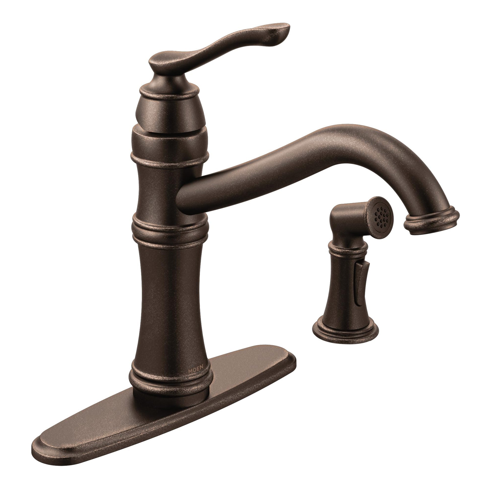 Oil rubbed bronze kitchen faucet with high arc spout, single handle, side spray, and oval base plate.