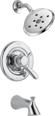 Chrome showerhead with multiple jets, valve trim with lever handle, and tub spout in polished finish.