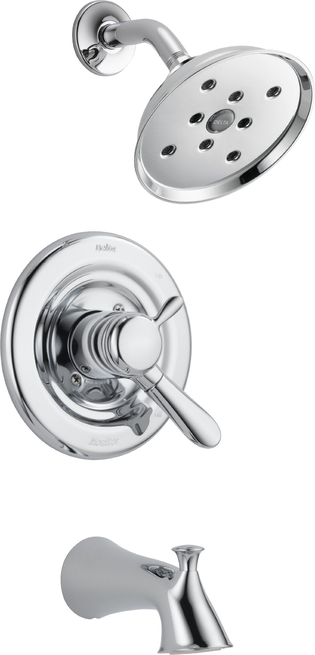 Chrome showerhead with multiple jets, valve trim with lever handle, and tub spout in polished finish.