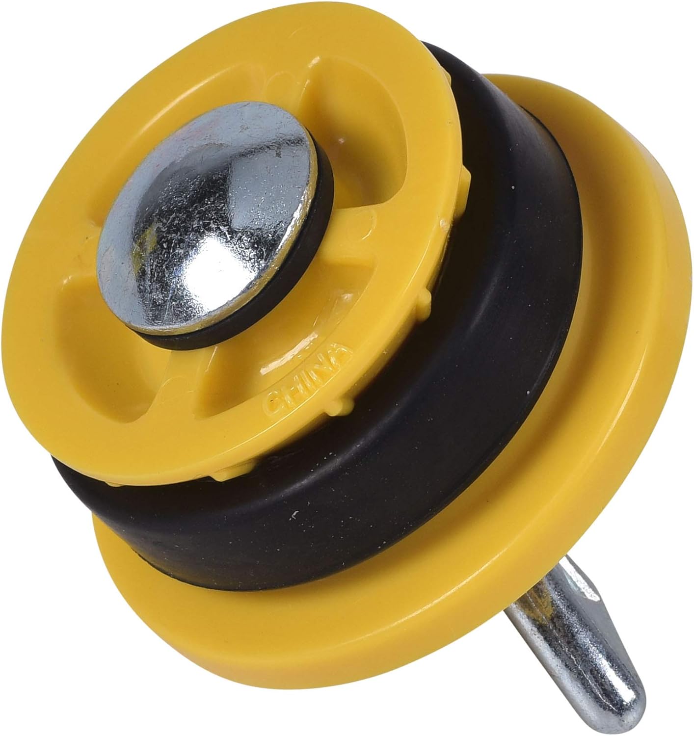 Yellow and black mechanical pipe gripper plug with metal center and shaft for 1-1/2 inch pipes.