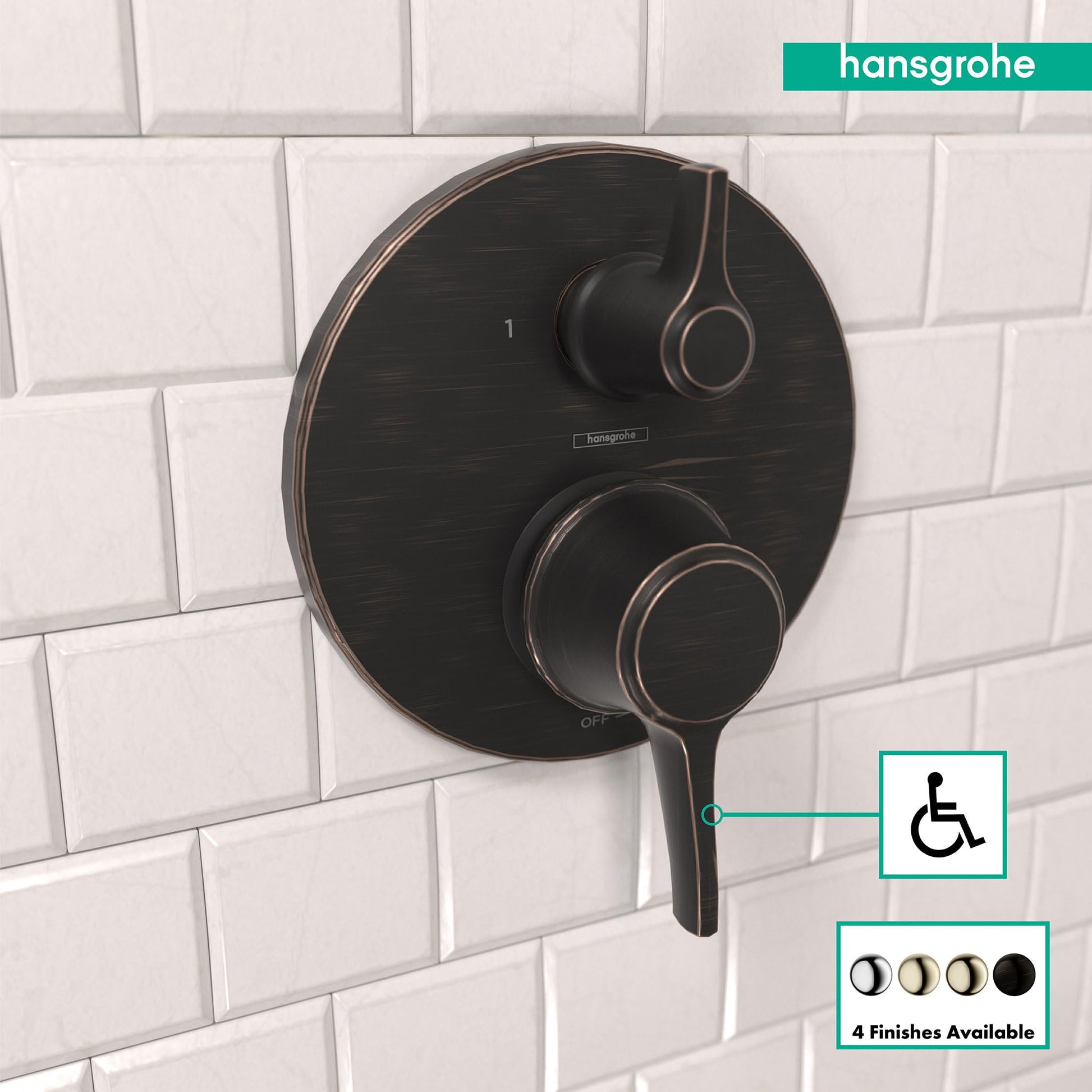 Rubbed bronze round pressure balance valve trim with diverter and dual handles mounted on white subway tile.