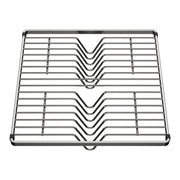 Stainless steel dish rack with two V-shaped tiers and horizontal rods for drying plates and dishes.