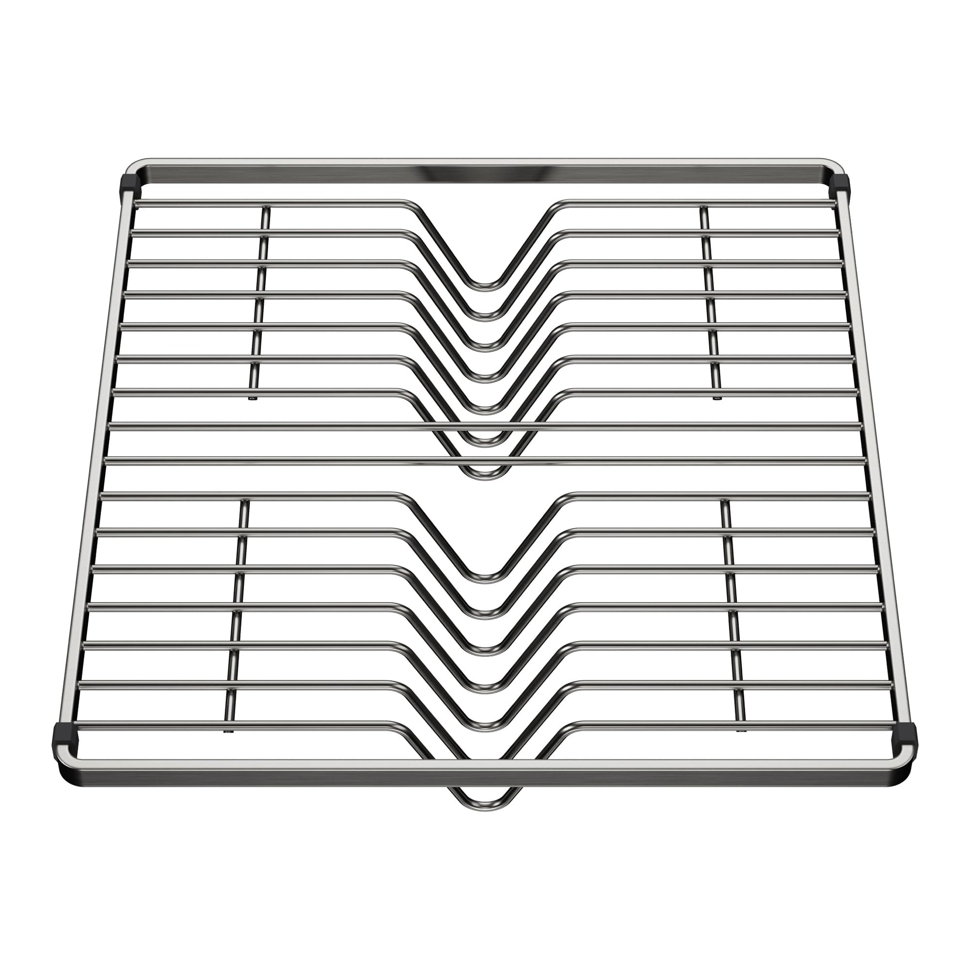 Stainless steel dish rack with two V-shaped tiers and horizontal rods for drying plates and dishes.