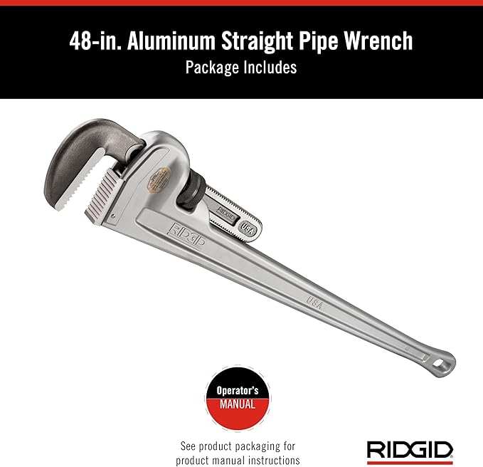 Silver aluminum pipe wrench with black grip handle and adjustable jaw mechanism.