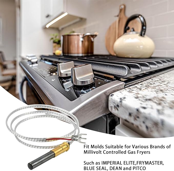Thermopile generator with coiled metal sensing tube and brass/black connector for gas fryer temperature control.