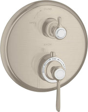 Brushed nickel thermostatic shower valve trim with two lever handles, open/close markings, and temperature dial.